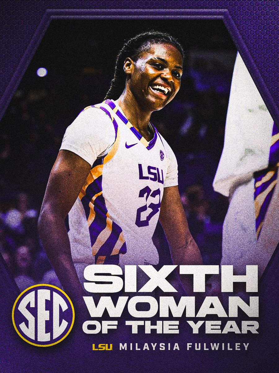 SEC's tweet image. 🏀 2026 #SECWBB SIXTH WOMAN OF THE YEAR

🐅 MiLaysia Fulwiley, @LSUwbkb 

SECsports.social/wbbawards26 | #ItJustMeansMore