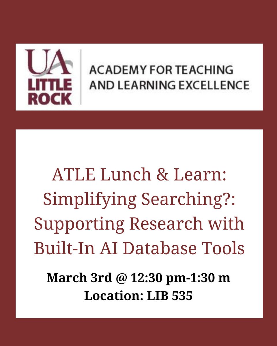 UALR_ATLE's tweet photo. This Lunch and Learn will feature the introduction to the Primo Research Assistant feature in the Ottenheimer Library online search tool and related features in other research databases will be discussed!
Event Time and Date: March 4,
12:30–1:30 pm, LIB 535
#ualittlerock https://t.co/jCFbzfCenl