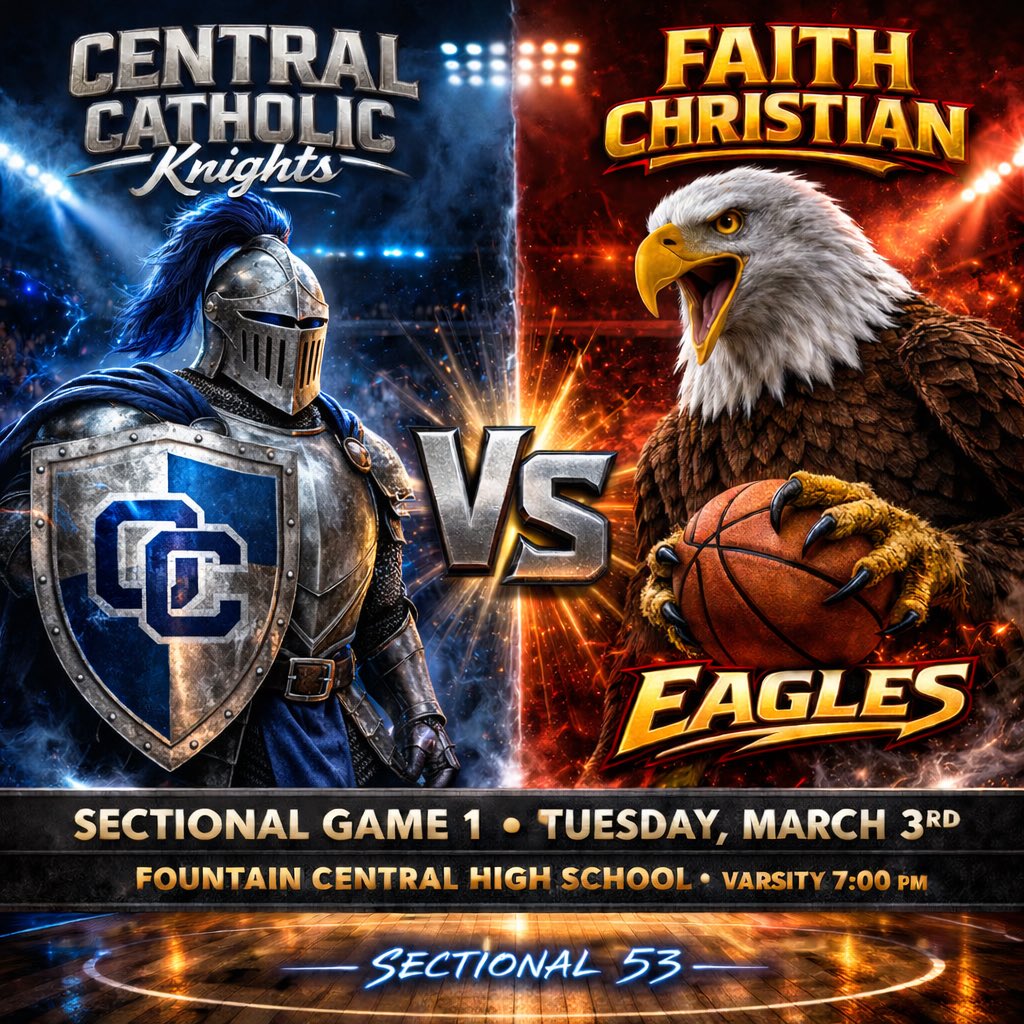 LCCBoysBball's tweet photo. Get up Knights! It’s SECTIONAL GAMEDAY! The Knights travel to Fountain Central for 1st Round Sectional 53 action against the Faith Christian Eagles. Tip is set for 7 PM. Be there and be loud! #TogetherWeAttack
📍Fountain Central High School 
⏰ 7 PM Tip-off
⚔️ Faith Christian https://t.co/rG5wSyQCg3