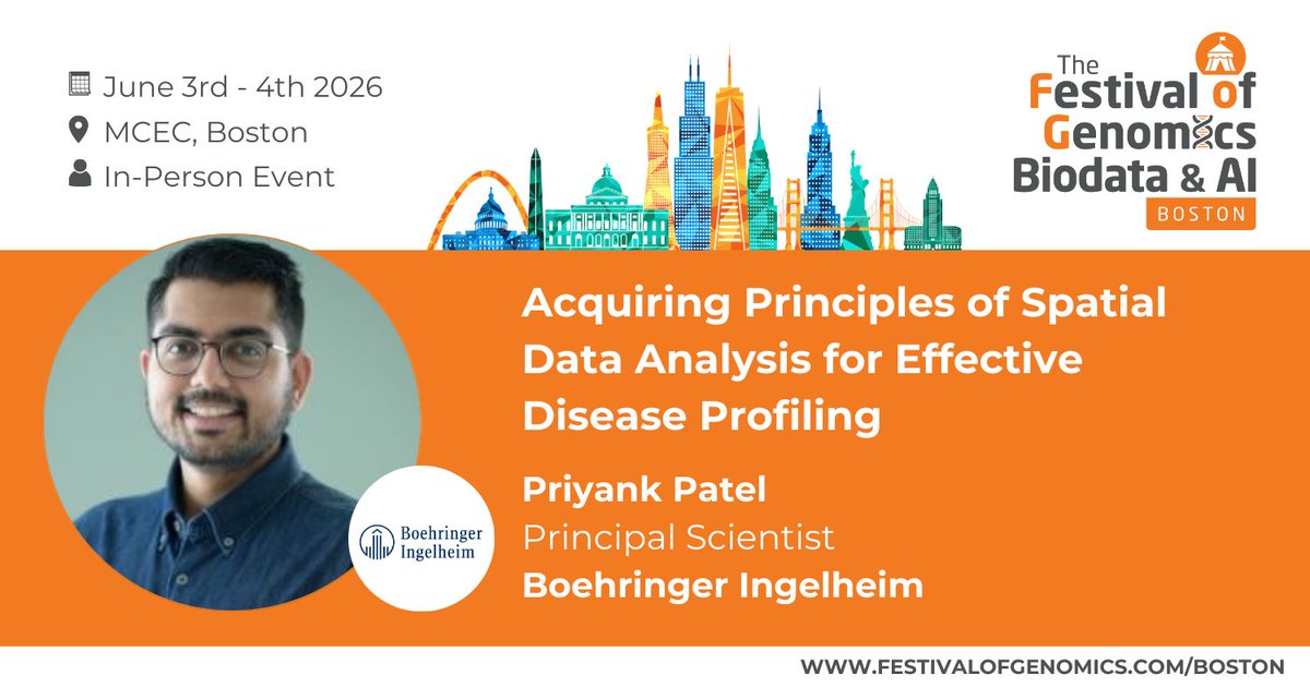 FLGenomics's tweet image. Interested in #spatial biology? You’ll want to hear from Priyank Patel (Principal Scientist, Boehringer Ingelheim) at The Festival of Genomics, Biodata &amp;amp; AI in Boston in June! Register now: hubs.la/Q045l4kB0 #FOGBoston #genomics