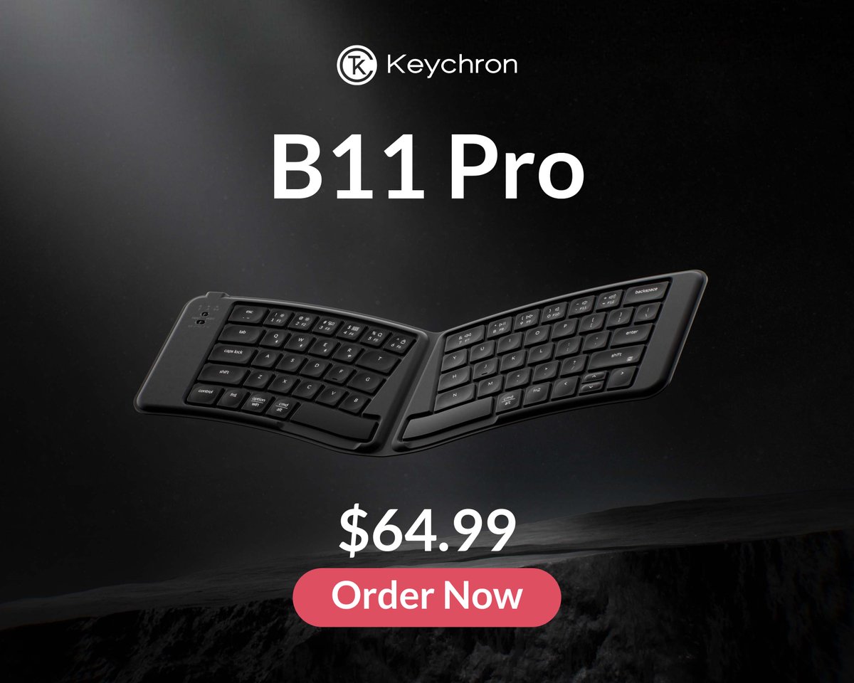 KeychronMK's tweet photo. Meet the #Keychron B11 Pro: an ultra-slim, foldable 65% Alice-layout keyboard. Unfold to type, fold to sleep—smart power-saving in a pocket-sized form. Connect wirelessly or via cable, and enjoy full customization via the Keychron Launcher web app.
Shop👉 https://t.co/WwPhySr9sv https://t.co/ioiOzsQqP9