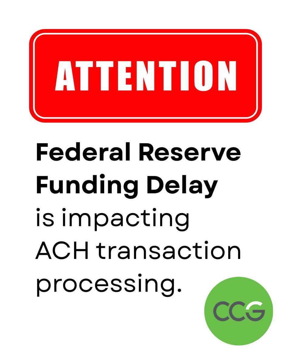 CommonwealthCG's tweet photo. Federal Reserve Funding Delay - impacting ACH transaction processing on all platforms.  Federal Reserve’s official service status updates here:
https://t.co/rBMUqJvWYX 

As a result, some merchants may experience delays in settlement funding and/or visibility of deposits today. https://t.co/YzjNujEL6Z