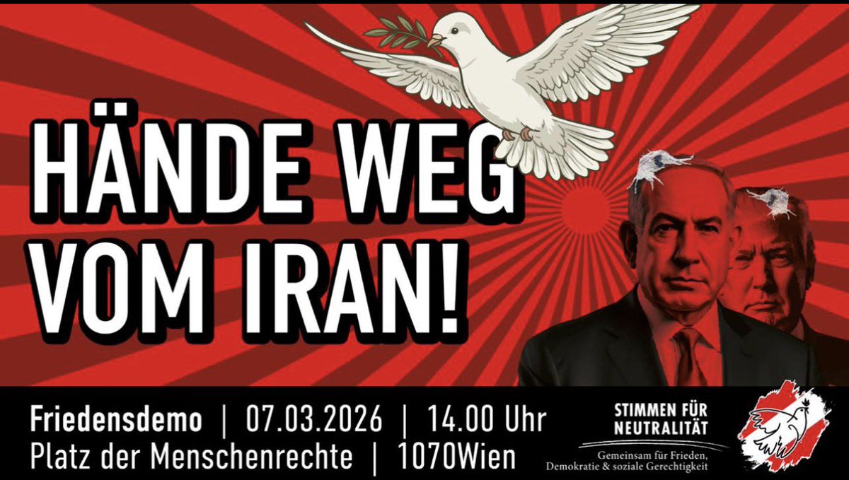 AndreasCWimmer's tweet photo. USA & ISRAEL FÜHRT KRIEG GEGEN IRAN.

Stopp der US-Israelischen Aggression gegen den Iran! (Resolution)
 
Kein Krieg gegen den Iran!
Keine militärische Eskalation im Nahen Osten!
 
 Die USA und Israel befinden sich in einem geplanten, völkerrechtswidrigen Angriffskrieg gegen den Iran. 
 
Zu den ersten Opfern zählt eine von den USA bombardierte Mädchenschule im Süden des Iran - 40 Schülerinnen worden getötet. So sieht der sogenannte « Präventivschlag » gegen den Iran aus. Die Zivilbevölkerung blutet und stirbt für imperialistische Interessen.
 
Die besondere Perfidie - offiziell, für die Weltöffentlichkeit, standen die USA mit dem Iran in Genf in Verhandlungen, während die USA im Verbund mit Israel den militärischen Angriff längst beschlossen hatte. Wieder einmal ein Täuschungsmanöver, so wie bereits im Juni 2025.
 
Der US-Imperialismus dient als Vollstrecker des zionistischen Terrorstaat Israel.
 
Donald Trump und seine Administration sind endgültig fest in Händen der zionistischen Terrorherrschaft in Palästina und deren, über den Globus verteilten, Lobbyisten und Profiteure.
 
In seiner ersten Rede lügt der US-Präsident wie gedruckt. Wen wundert es. Er spricht davon, dass der Iran nicht zu Verhandlungen bereit gewesen wäre. Wahr ist, der Iran war zu Verhandlungen bereit, allerdings nicht zu einer Kapitulation. Nicht bereit darauf zu verzichten, sein Recht auf Souveränität geltend zu machen und dieses auch zu bewahren, zu schützen. Der US-Präsident erfindet eine Bedrohung durch Atomwaffen, die faktisch, wie objektiv, nicht gegeben ist. Es ist die alte Lüge, die immer wieder, wenn ein maximales Bedrohungsszenario für gewünschte Kriege gebraucht wird, ausgepackt wird. Trump spricht von « vollständiger Auslöschung » und von der zwingend notwenigen Änderungen der politischen Kräfteverhältnisse in der Region.
 
Mit diesem Schritt hat sich Trump endgültig in die lange Riege der US-Präsidenten eingereiht, die die USA als Weltpolizisten betrachten, die Umstürze und Krieg durchsetzen. 
 
Der Iran wird seit 1979 von den USA sanktioniert. Ein immer weiter ausgedehntes Sanktionsregime, dem sich Großbritannien, die EU und damit auch das durch die Bundesverfassung zur Neutralität verpflichtete Österreich leider angeschlossen hat, hat einen eheblichen Anteil an der desaströsen Wirtschaftslage des Iran.
 
Der Plan Israels, den Iran als den wichtigsten Kontrahenten, seine Pläne nach einem Großisrael (Eretz Israel) endgültig durchzusetzen, ist das Hauptmotiv für den aktuellen Krieg.
 
Die USA sehen den Iran seit 1979, seit dem Sturz des von ihnen eingesetzten Stadthalters Shah Reza Pahlewi, als ihren Feind. Unter den aktuellen Bedingungen - der Iran gehört zu den BRICS-Ländern - ist der aktuelle Feldzug der USA gegen den Iran auch eine Möglichkeit, einen indirekten Krieg gegen die BRICS zu führen. 
 
Für Frieden und Souveränität dem iranischen Volk!

Wir von „Stimmen für Neutralität“ werden gemeinsam mit anderen politischen Organisationen und Gruppierungen, eine Protestkundgebung, eine Demonstration organisieren.

Samstag, 7. März 2026!
Um 14:00 Uhr vor dem Parlament in Wien.

Weitere, nähere Informationen folgen im Laufe der kommenden Tage. 

Ich bitte euch vielmals diese Information und die Kundgebung am Samstag, den 7. März, bekannt zu machen, in Umlauf zu bringen! Vielen Dank!

Wir von „Stimmen für Neutralität“ werden gemeinsam mit anderen politischen Organisationen und Gruppierungen, eine Protestkundgebung, eine Demonstration organisieren.

Samstag, 7. März 2026!
Um 14:00 Uhr. ACHTUNG! 
AM PLATZ DER MENSCHENRECHTE! 

Weitere, nähere Informationen folgen im Laufe der kommenden Tage. 

Ich bitte euch vielmals diese Information und die Kundgebung am Samstag, den 7. März, bekannt zu machen, in Umlauf zu bringen! Vielen Dank!

ACHTUNG!
Samstag, 7. März 2026! Um 14:00 Uhr.
Wo: AM PLATZ DER MENSCHENRECHTE!