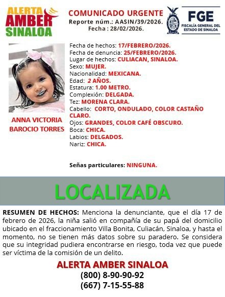 La niña ya fue localizada. Gracias por su colaboración.
#AlertaAmberSinaloa
#FiscaliaSinaloa