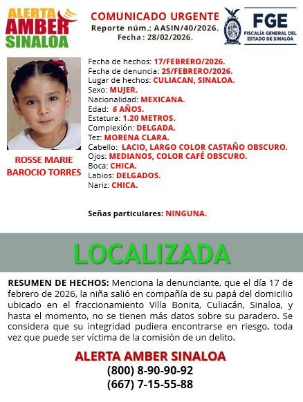 La niña ya fue localizada. Gracias por su colaboración.
#AlertaAmberSinaloa
#FiscaliaSinaloa