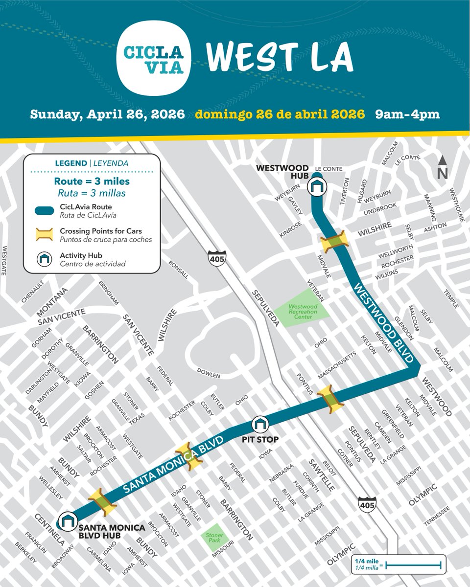 CicLAvia's tweet photo. Join us April 26 for CicLAvia—West LA for 3 car-free miles across Santa Monica Blvd and Westwood Blvd for a fun-filled day. ☀️

🗓️ Sunday, April 26, 2026 / domingo 26 de abril 2026
⌚ 9am-4pm
✋ Volunteer at https://t.co/wqIjJwZQf4
🗣️ Virtual Community Meeting on 3/16 at 5:30pm https://t.co/XLvpcM5Y4v