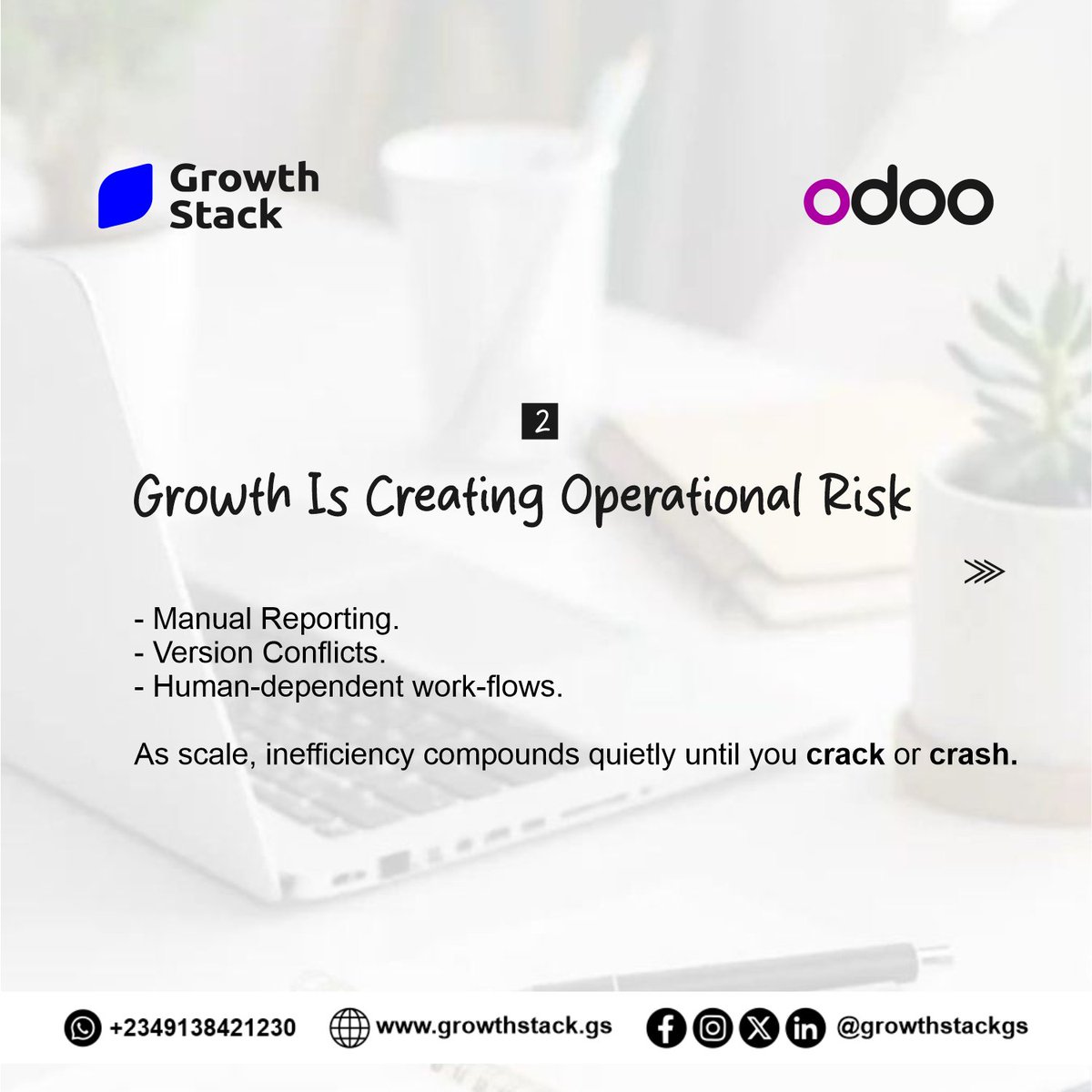 growthstackgs's tweet photo. Scale shouldnโt be your biggest risk. Data silos create blind spots. Growth demands enterprise infrastructure. Lead an integrated business with Odoo.
๐ +234 913 842 1230
๐ https://t.co/j7iLcv5Cli
#Odoo #ERP #Nigeria #DigitalTransformation #BusinessScaling #GrowthStack https://t.co/B1HSHtfAKf