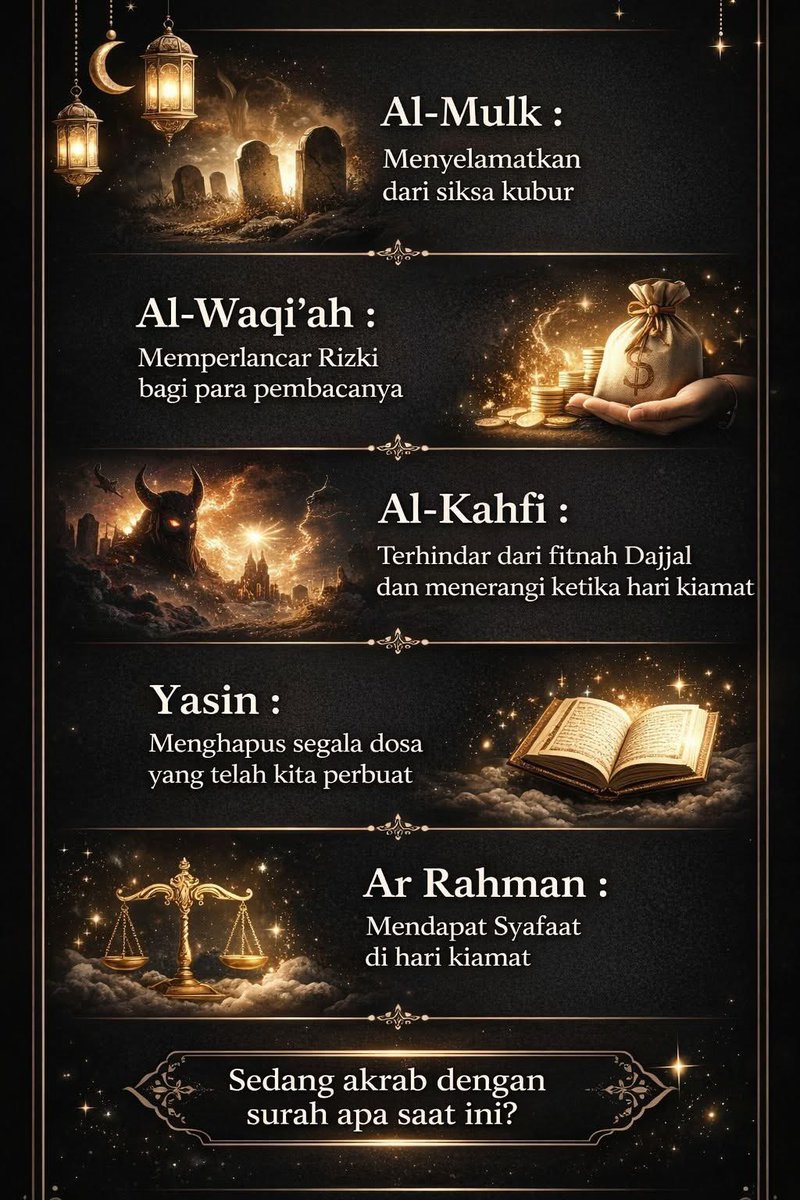 🌿 5 Surah Dahsyat yang Jadi Penolong di Dunia &amp; Akhirat 🌿

🤲 MasyaAllah… ternyata ada surah-surah Al-Qur’an yang memiliki keutamaan luar biasa jika kita istiqomah membacanya.