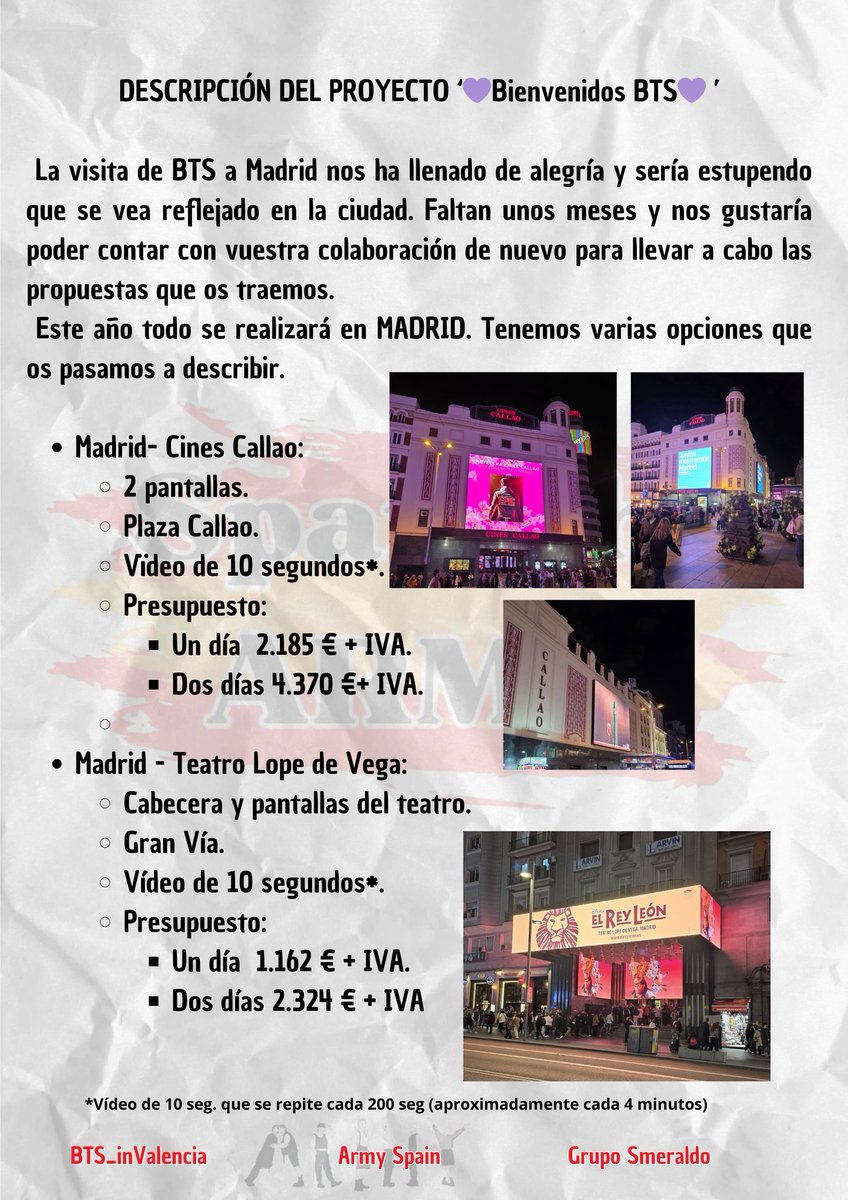 BTS_inSpain2's tweet photo. Proyecto 💜 BIENVENIDOS BTS💜 

E-ARMY que #BTS venga a España es un sueño que por fin se va a cumplir.

 Queremos mostrar a los chicos y al mundo la felicidad que sentimos por convertir Madrid en una parada del #BTSTour2026 

 Para ello, creamos este proyecto bajo  'Spanish Army'  que será gestionado por  @smeraldobtsarmy , @BTS_inValencia y @BTS_inSpain2

Tenemos pensadas varias opciones en el centro de la capital de España, aunque para poder llevarlo a cabo necesitamos la implicación y la ayuda de vosotrxs, ya que los últimos detalles del proyecto dependerán del dinero que se recaude en forma de donaciones.     

La recogida de donaciones en esta ocasión será a través de la web GoFundMe. GoFundMe es una plataforma para la recaudación de fondos para proyectos, que aporta transparencia y seguridad a cada euro que se dona.
💸Donaciones :https://t.co/PXQjD1RMuv
 
NOTA: En GoFundMe no acepta donaciones menores a 5€. A nosotras no nos gusta eso de poner una cifra mínima de donación, así que si quieres participar con una cantidad inferior a 5€ ponte en contacto con cualquiera de las 3 organizadoras por DM.

Spanish Army esta de vuelta llena de ilusión hagamos posible hacer que el centro de Madrid de la bienvenida a #BTS.

 Mientras llega Junio sigamos apoyándoles en votaciones y streaming. ¡Y no olvidéis el abanico morado para complementar vuestro outfit!💜 

En imagen propuesta 1 y 2
En hilo:
 Propuesta 3 y 4.
 Indicaciones para donar en GoFundMe