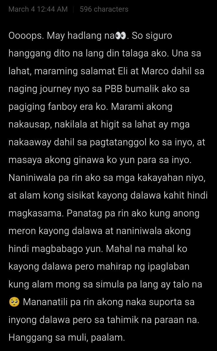 Mahal na mahal ko kayo <a href="/elizaborromeo_/">eli</a>  <a href="/_marcomasa/">Marco Masa</a> . Salamat at Paalam muna sandali.🥺

Keep fighting <a href="/ELICOOFC/">ELICO OFFICIAL</a>  🩷