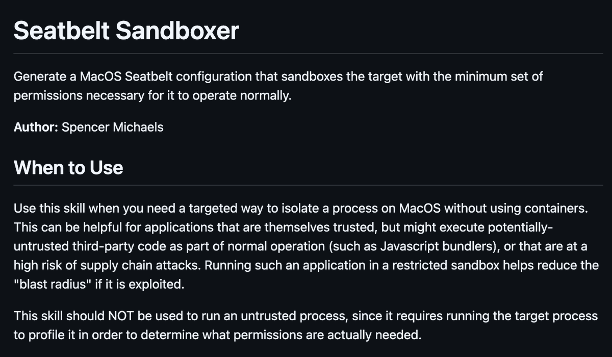 seatbelt-sandboxer
> Generate minimal macOS Seatbelt sandbox configurations for applications
github.com/trailofbits/sk…