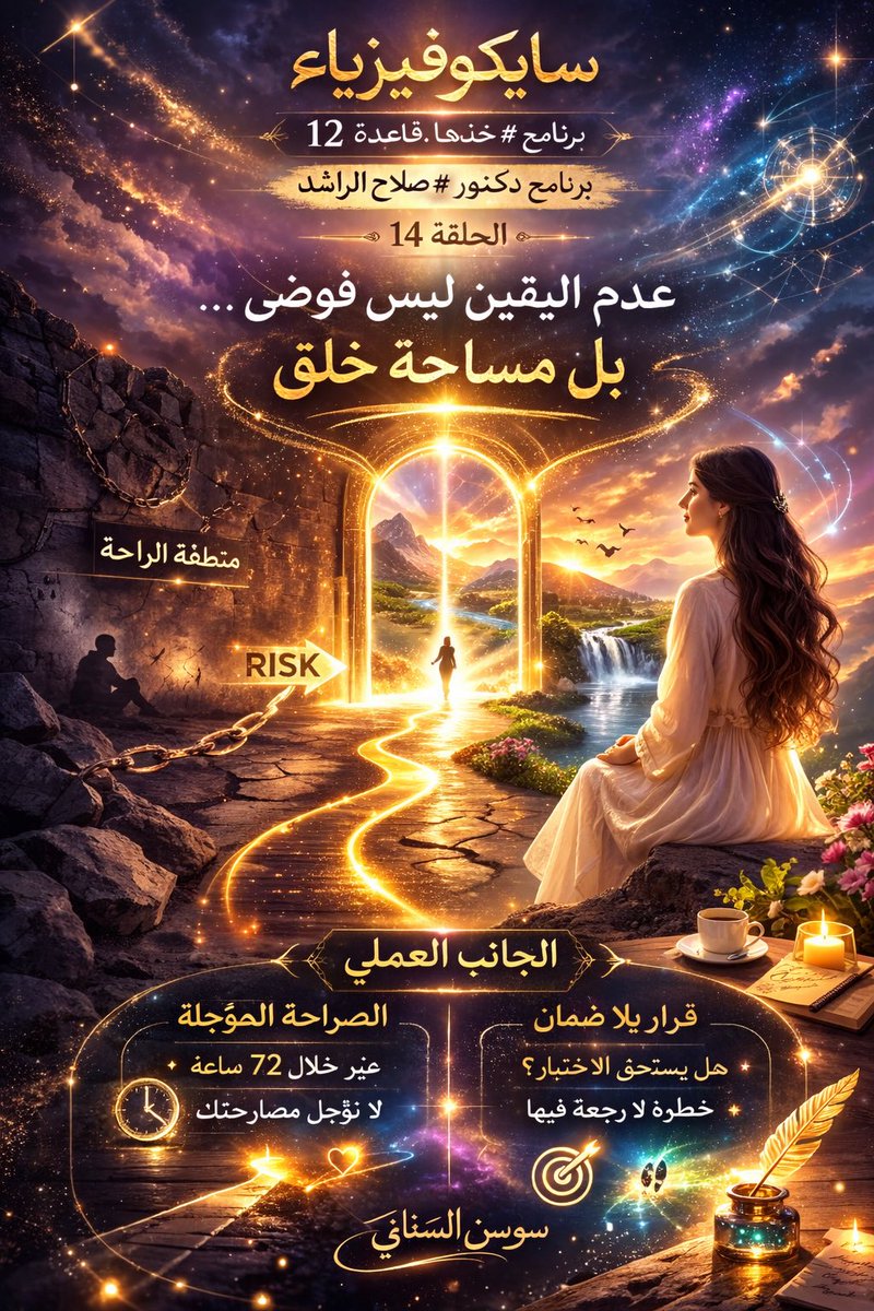 Sawsanalsenani's tweet photo. سايكوفيزياء

برنامج #خذها_قاعدة 12
برنامج دكتور #صلاح_الراشد

الحلقة 14

عدم اليقين ليس فوضى… بل مساحة خلق

⸻

ما هو عدم اليقين؟

Uncertainty – عدم اليقين
هو أحد مبادئ الفيزياء الكمّية التي مررنا عليها في الحلقات الأولى.

العقل دا��مًا يبحث عن يقين دائم.
يريد كل شيء مستقرًا.
يريد البقاء في منطقة الراحة (Comfort Zone) طوال الوقت.

هؤلاء مثل من يعيش تحت ظل حائط،
يخاف أن يخرج منه فتضربه الشمس أو الحر.

لكنه لا يعلم أن خارج منطقة الراحة يوجد نهر، وشجر، وطبيعة، وجمال آخر…
غير ظل الحائط الذي اعتاده.

المشكلة ليست في الظل…
بل في عدم الاستعداد للمجازفة به من أجل الاكتشاف.

⸻

لماذا لا تتغير الحياة؟

الحياة لا تتحول إلى شيء أجمل
حتى تبدأ بخطوة مخاطرة (Risk)
وتجازف بمنطقة راحتك.

العقل (Ego) يريد الأمان الدائم.
الإيغو يخاف الغموض، لأنه لا يستطيع السيطرة عليه.

الإيغو قائم على مبدأ السيطرة؛
يريد التحكم بكل شيء.

بالنسبة له، غير المتوقع وغير المعروف مرعب.

لكن…
فضاء الاحتمالات كله غير معروف.

ولهذا يفضّل الإيغو البقاء في نفس الـ Timeline،
حتى لو كان سيئًا،
لأنه يخشى التغيير.

الإيغو يفضّل المألوف
حتى لو كانت خياراته محدودة.

كل توسّع حقيقي يبدأ خارج منطقة الارتياح.

⸻

كيف تحصل النتائج بمبدأ عدم اليقين؟

أولًا:
كل تحوّل كبير يبدأ بخطوة غير مضمونة.
•بدء مشروع
•الهجرة
•تغيير مسار
•قرار مصيري

كلها تغييرات غير مضمونة.

الغموض يعني أن الاحتمالات لم تُغلق بعد 👌🏻

طالما أنت داخل منطقة الراحة،
فأنت عمليًا أغلقت كل الاحتمالات.

وأول ما تتوسع خارجها،
��فتح كل مسارات الاحتمال الممكنة.

الحركة هي التي ترجّح مسارًا
حتى دون خطة تفصيلية كاملة.

تكون لديك رؤية وخطة،
لكن تدخل وأنت لا تضمن النتائج.

الحركة تضمن التغيير.
واستمرار الحركة يضمن التحسّن.

⸻

وهم الانتظار

الانتظار حتى الوضوح الكامل… وهم.

العالم يتطور ويتغير ويتبدل،
وبعض الناس متمسكون بعبارة:
“الله لا يغيّر علينا.”

بينما يقول الله في القرآن الكريم:
“لِمَن شاء منكم أن يتقدم أو يتأخر.”

لا أحد ثابت.
إما تقدم… أو تأخر.

الانتظار ليس حيادًا،
بل تراجع مقنّع.

⸻

لماذا التوسع هو الطريق؟

التوسع هو الذي يجلب الاستقرار.

نعم،
قد يجلب ضغطًا أكثر،
وعملًا أكثر،

لكنه يجلب أيضًا اتساعًا أكبر،
وتحسنًا أعمق.

التوسع يشمل:
•الوعي
•الذات
•الأسرة
•العمل
•الدولة
•وكل شيء

⸻

لماذا عدم اليقين فرصة؟

لأن المألوف دائمًا مزدحم.
الناس تبحث عن المألوف.

الأماكن غير المزدحمة فيها نمو سريع.
النمو يحدث في الأطراف،
لا في المركز.

من يتحمل عدم اليقين
يمتلك أفضلية زمنية.

الغموض ليس تهديدًا…
بل مساحة خلق.

طالما لديك:
•رؤية
•خطة
•توجه
•حركة
•تفاعل لا انفعال

فالغموض يصبح ساحة توسّع وتحسن.

⸻

الجانب العملي

التمرين الأول: قرار بلا ضمان

اختر قرارًا كبيرًا نتيجته غير مضمونة.

اسأل نفسك:
هل يستحق أن أختبره؟

خذ خطوة جريئة باتجاهه —
خطوة لا رجعة فيها.

ثم راقب.

⸻

التمرين الثاني: الصراحة المؤجلة

حدد علاقة معلقة بسبب خوف من ردة فعل.

اسأل:
هل أتجنب الصراحة لأني أتجنب النتيجة؟

وخلال 72 ساعة
عبّر بوضوح وهدوء،
سواء بالكلام أو بالفعل.

لا تتحكم في ردة الفعل.
تحكم في صدقك.

لاحظ حركتك الداخلية
بغض النظر عن النتيجة.

⸻

اختر أحد التمرينين
أو كلاهما.

⸻

وخذها قاعدة

عدم اليقين ليس فوضى… بل مساحة خلق.

#أنوي_أكون_ذاتي 
#أنوي_لقاء_أفراد_عائلتي_الروحية 
#عام_الازدهار