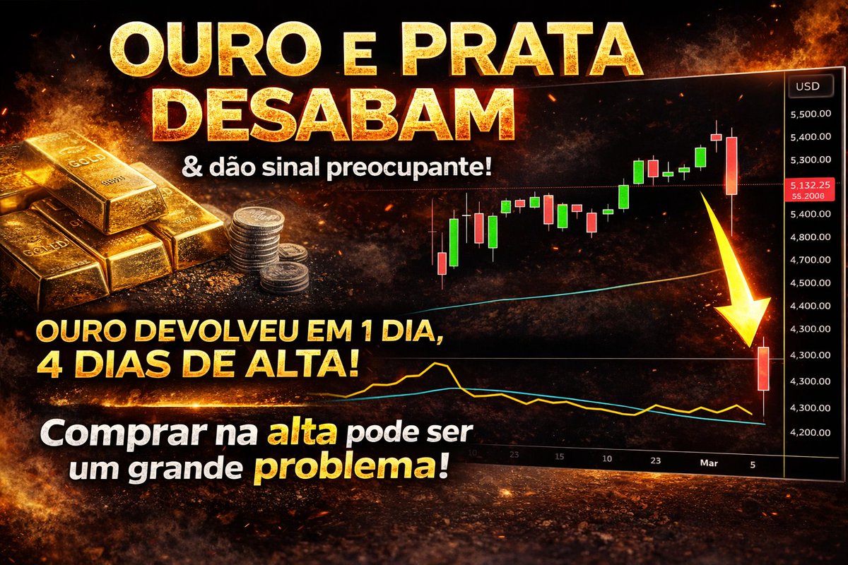 Ouro e prata desabam e dão sinal preocupante!
O ouro devolveu, em 1 dia, 4 dias de alta!
Nos dias 30 de janeiro e 2 de fevereiro, ele também desabou mais de 20%, devolvendo muitos dias de alta em apenas 2 dias!
Isso é sinal de falta de força compradora!