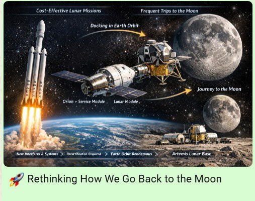 ProfMorell's tweet photo. Rethinking Artemis: 
1️⃣ Launch Orion on Falcon Heavy.
2️⃣ Launch the Lunar Module separately.
3️⃣ Dock in Earth orbit.
4️⃣ Travel together to the Moon. 
For Artemis III, this supports in-orbit testing. 
For Artemis IV and beyond, they depart for lunar orbit after rendezvous. https://t.co/uRU2yrz7M3