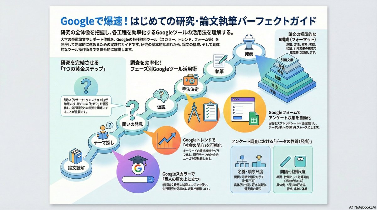 msugaya's tweet photo. 『リサーチから分析・執筆・発表まで――Google大活用ブック』の原稿あります!!

　＊＊＊＊＊＊＊

　Googleのサービスを使った論文や企画書執筆の手順を徹底解説した本の原稿があります。興味がある方は、Google NotebookLMに作ってもらった動画と音声ダイジェストをお試しください。
（音声へのリンクは次の返信で）

　動画と音声は、NotebookLMが、読み込んだ文章を解析し、自動生成したものです。興味を持たれた方は、ご連絡ください。お待ちしています。

　添付画像は、NotebookLMにインフォグラフィックも作成してもらいました。でも、AIにありがちな文字のバグりが……(^_^;)。