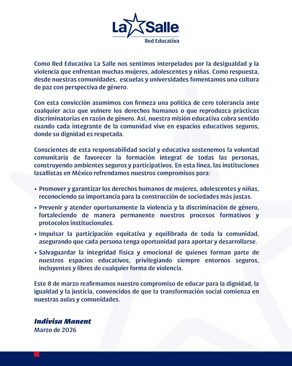 redlasalle's tweet photo. Asumimos con firmeza el compromiso de construir una cultura de paz con perspectiva de género. Nuestra misión es transformar cada aula en un espacio seguro, inclusivo y libre de violencia, donde la igualdad sustantiva sea la base del desarrollo integral de toda nuestra comunidad. https://t.co/Q107FYpEf4