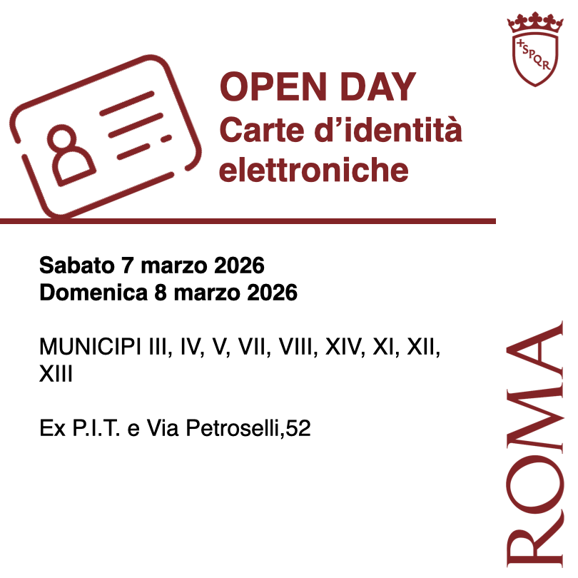 Roma's tweet image. ✅#OpenDay Carta d'identità Elettronica

📌Sabato 7/03 e domenica 8/03, aperti i Municipi III,IV, V, VII, VIII, IX,XI, XII, XIII; ex PIT e via Petroselli 52. 

⚠️Priorità per chi è ancora in possesso della carta d'identità cartacea.

Info, sedi e orari ➡️ ow.ly/i4PP50YoGZ