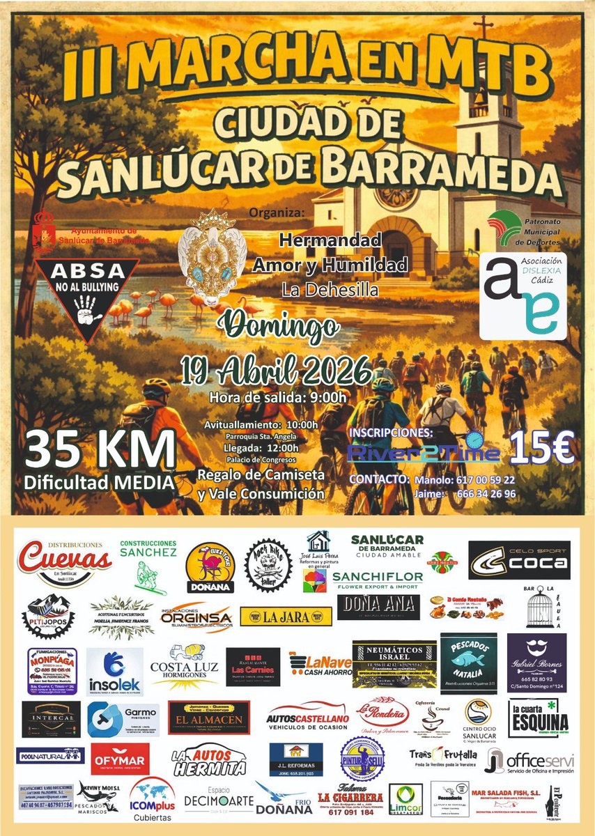 III MARCHA CICLOTURISTA MTB CIUDAD DE SANLUCAR 🔴

La inscripción se llevará a cabo a través de la página web River2Time mediante el siguiente enlace: river2time.com/inscripciones/ 

☎️ Manolo: 617005922

☎️Jaime: 666342696

#HermandaddeSantaÁngela
#LaDehesilla
#AmoryHumildad