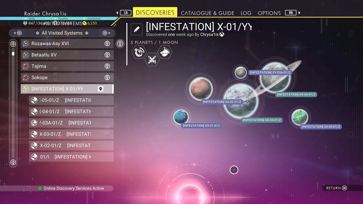 InfestationNMS's tweet photo. The first official Infestation System.

[INFESTATION] X-01/YY

- Galaxy: Euclid Galaxy

- Celestial Bodies: 5 Planets // 1 Moon

- Dominant Lifeform: Gek

- Economy: Trading // Developing

- Conflict level: Relaxed

The Infestation exists on every planet in every system. It is only a matter of time before these systems are overrun. Systems with the [INFESTATION] designation serve as official proof of Infestation presence.