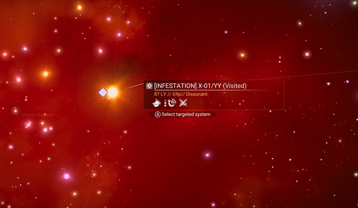 InfestationNMS's tweet photo. The first official Infestation System.

[INFESTATION] X-01/YY

- Galaxy: Euclid Galaxy

- Celestial Bodies: 5 Planets // 1 Moon

- Dominant Lifeform: Gek

- Economy: Trading // Developing

- Conflict level: Relaxed

The Infestation exists on every planet in every system. It is only a matter of time before these systems are overrun. Systems with the [INFESTATION] designation serve as official proof of Infestation presence.