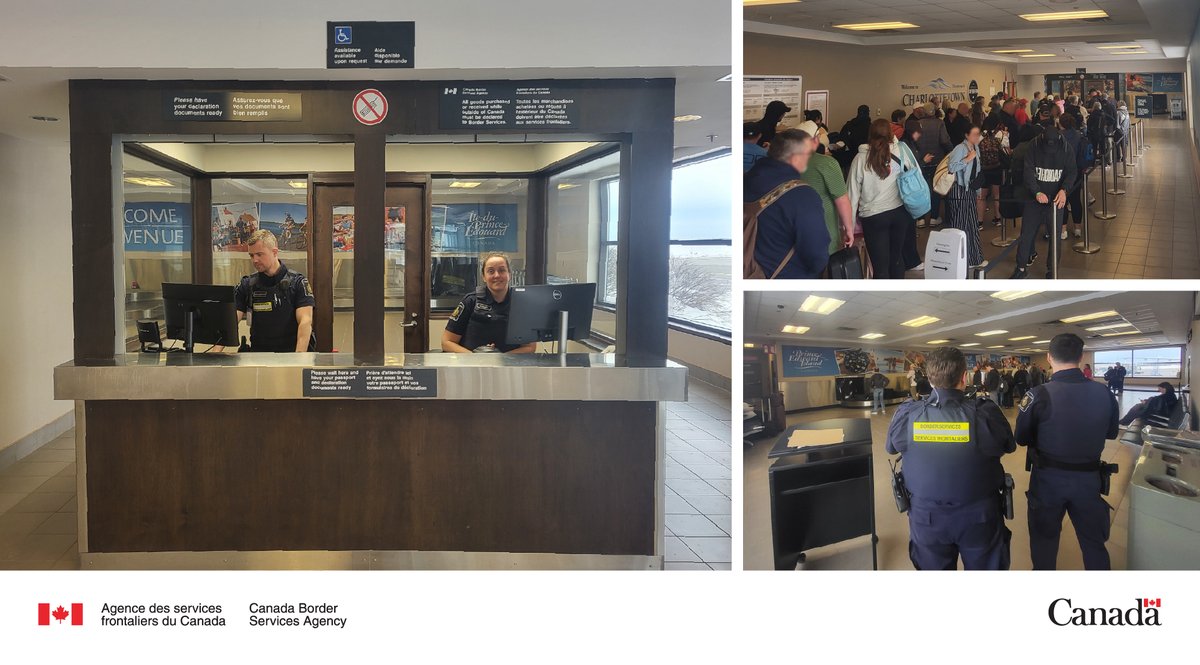 FrontiereCan's tweet photo. Le 25 février, les agents de l'#ASFC à l'aéroport de #Charlottetown, à #Î.P.-É., ont traité 168 passagers et membres d'équipage arrivant directement de Cancún, au Mexique, le premier vol commercial international à #YYG depuis 2020 ! #SécuriserLaFrontière #ProtégerLesCanadiens https://t.co/R8YMwrUNjb