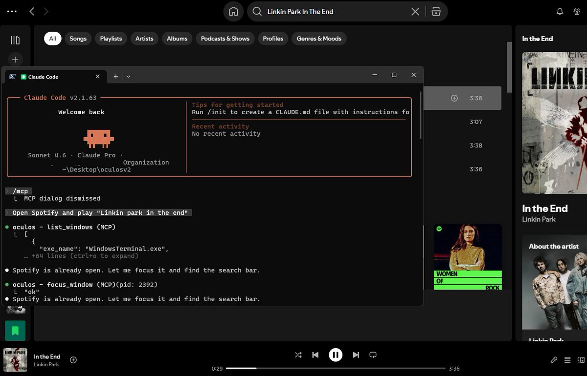 1337stif's tweet photo. "Open Spotify and play Linkin Park"

Claude did it. No screenshots. No pixels. Just JSON.

OculOS — if it's on the screen, it's an API.

https://t.co/uOo0mwdGre https://t.co/McSf6yW0Md