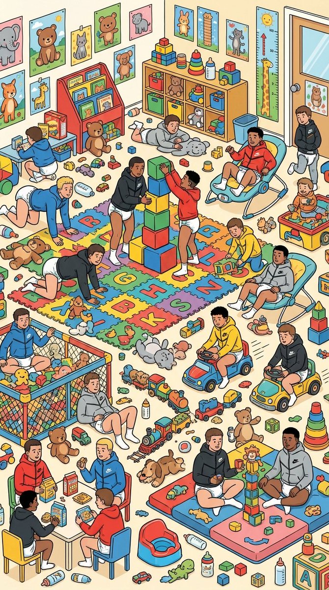 diaperai1987's tweet photo. 🚨 PACK ALERT 🚨  
Kyle's being a proper cheeky git again — he's hidden Tyler's bright blue-and-red potty somewhere in the nursery chaos! 😈  

Our lil toddler Tyler's on pull-ups only and he's getting desperate... can YOU spot the potty before he has a little accident? 👀  

Zoom in, hunt through the mess, and drop your answer in the comments (describe WHERE you think it is!). First few correct spotters get bragging rights + help decide Tyler's next baby punishment!  

Who's finding it first? 👇 #PaddedChavPack #WhereThePotty #ToddlerTyler