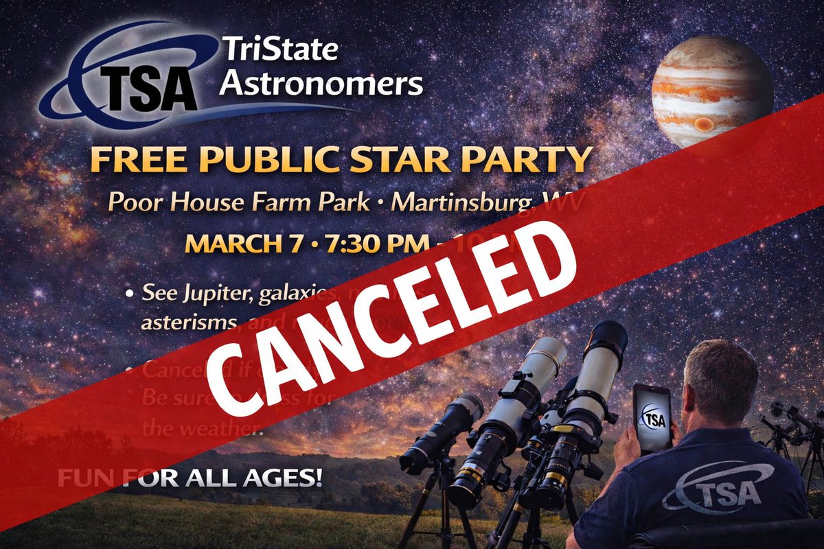 TSAstronomers's tweet photo. Regrettably, we are canceling the Poor House Farm Star Party on Saturday March 7 at 7:30pm due to predicted cloud cover. https://t.co/ICfzX42phd