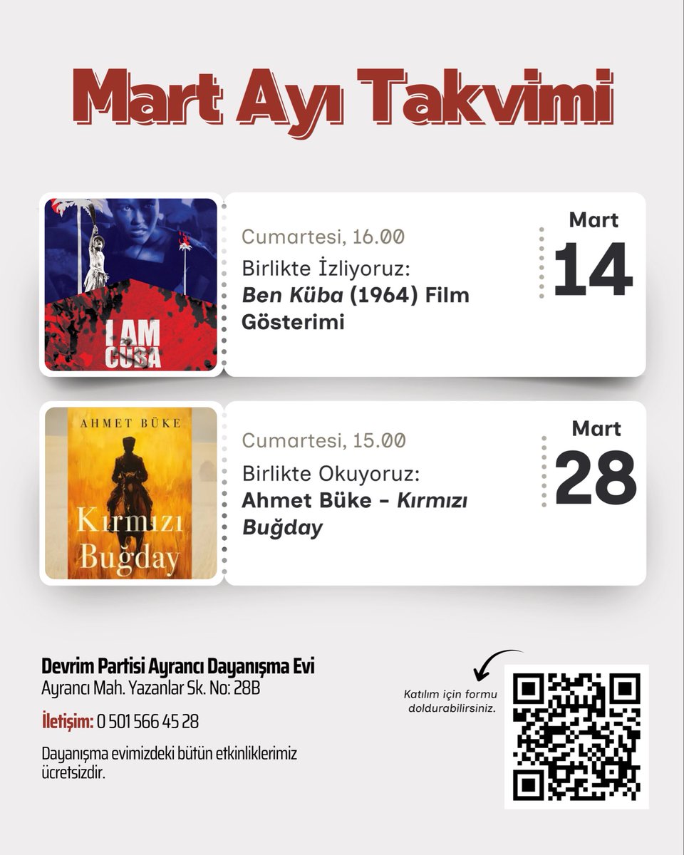 📢 Mart ayı Devrim Partisi Ayrancı Dayanışma evi etkinlik ve buluşma takvimi yayında!

Birlikte düşünmek, birlikte üretmek, birlikte planlamak için tüm yurttaşlarımızı Dayanışma Evimize davet ediyoruz.

Dayanışmayı ve mücadeleyi birlikte büyütelim!