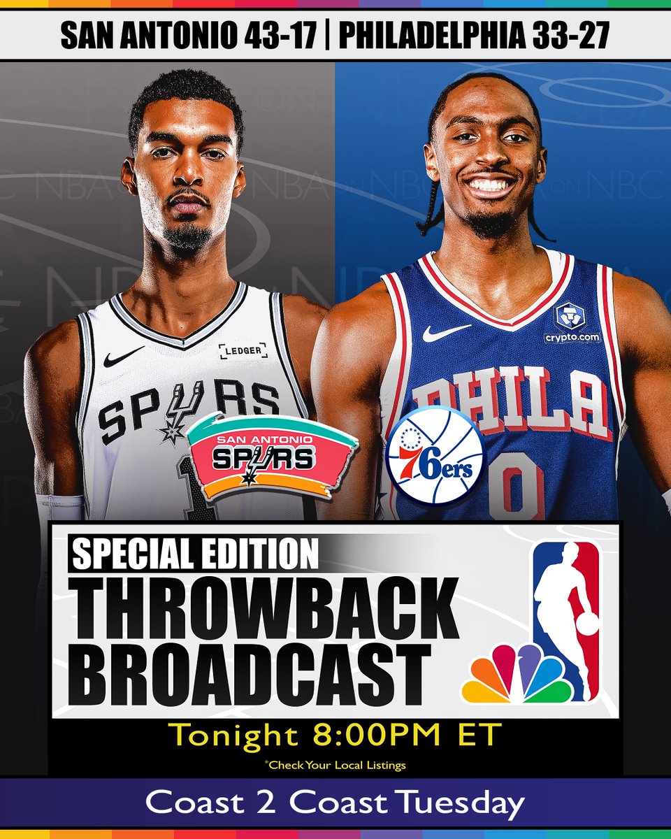 It's a Throwback NBA Broadcast with Bob Costas, Doug Collins, Mike Fratello, Jim Gray, Hannah Storm, Isiah Thomas, and P.J. Carlesimo!
Don't miss Wemby and the #2 in West Spurs (11-1 in L12) take on Tyrese Maxey and the #6 in East Sixers. 🍿
⏳ SAS/PHI, 8pm/et, NBC & Peacock