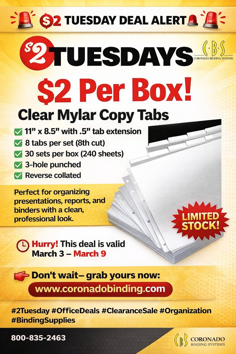 coronadobinding's tweet photo. 🚨 $2 TUESDAY DEAL ALERT 🚨

Score BIG on essentials—this week’s clearance item is a must-have!

👉 Don’t wait—grab yours now: https://t.co/cBOErytk9T

#2Tuesday #OfficeDeals #ClearanceSale #Organization #BindingSupplies https://t.co/TGXFm3VceR