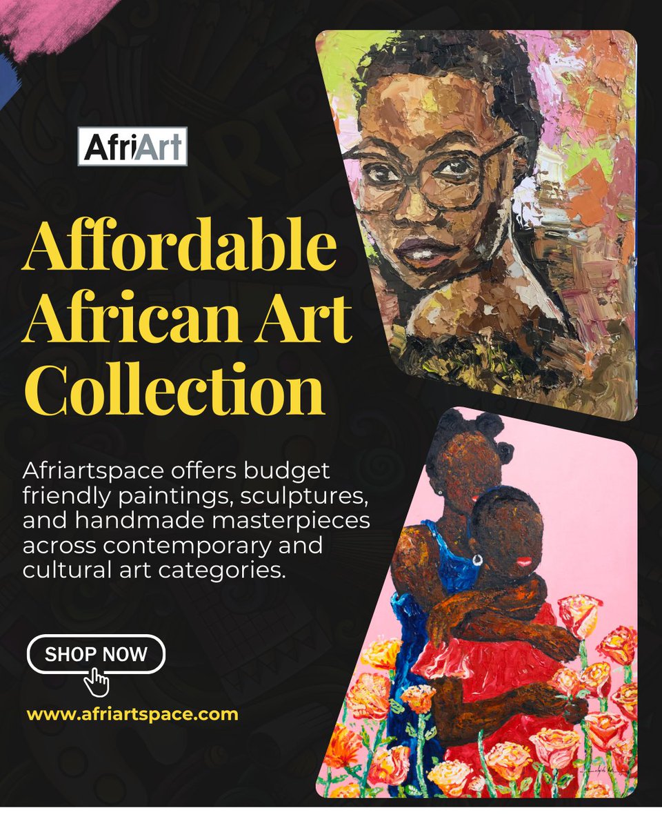 afriartspace's tweet photo. Affordable African art. 
Own unique pieces from talented artists. Explore https://t.co/Ype5WKH4KV today. 
#AfricanArt #AffordableArt #SupportArtists #CulturalExpression #ArtCollectors https://t.co/wGQfstrFTy