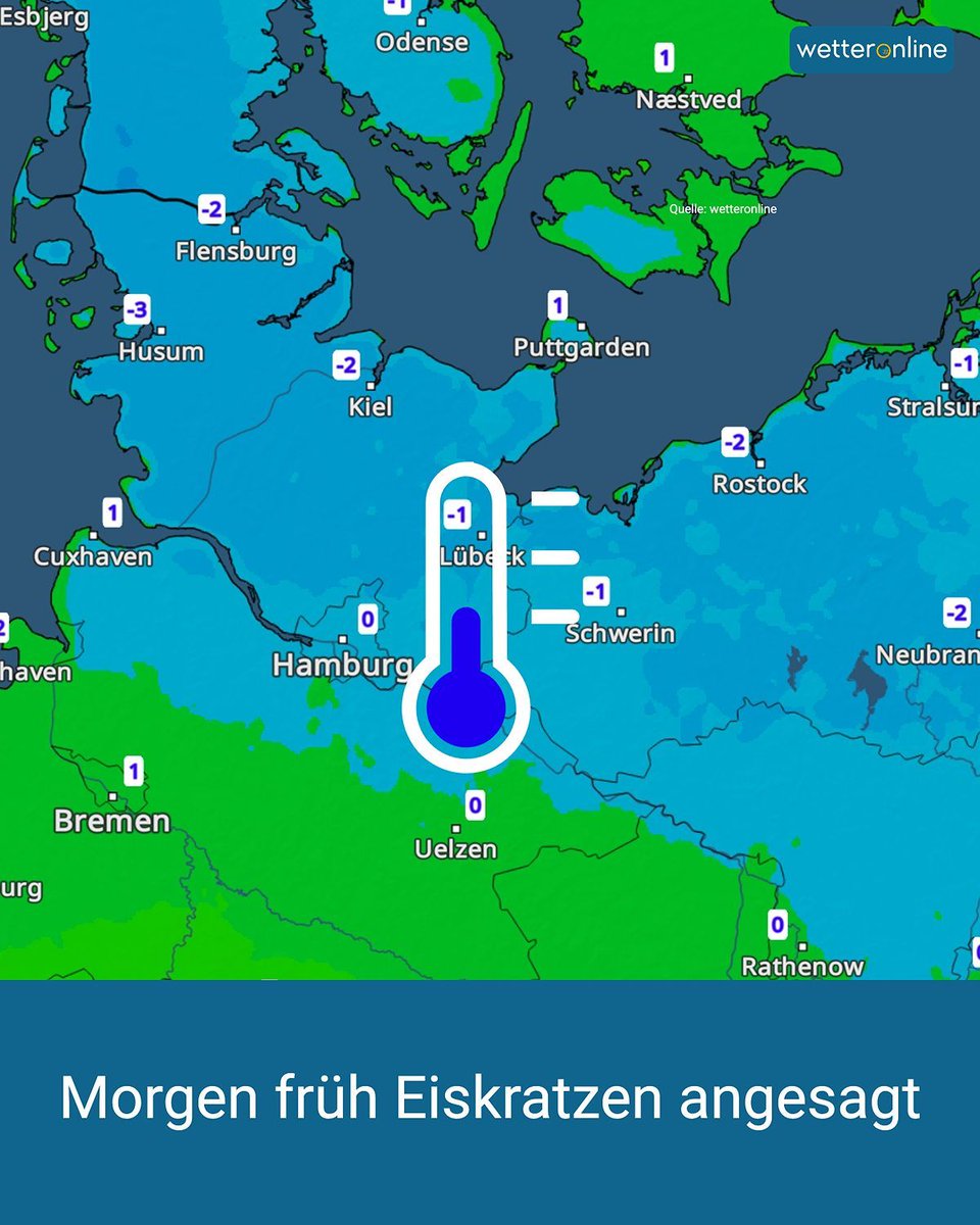WetterOnline's tweet photo. 🥶 Mittwochmorgen wieder Frost im Norden: minus 4 bis minus 1 Grad. Auch im Osten und in südlichen Tälern wird es eisig. Autofahrer sollten Eiskratzen einplanen. 🚗❄️
Mehr Infos:
👉 https://t.co/AgXSRDd4e8
#Frost #Minusgrade #Winterwetter https://t.co/uY6usf2KQw