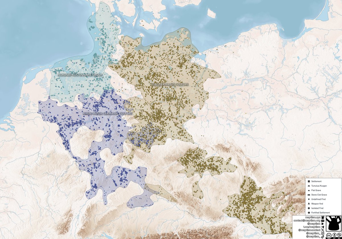 Map of the three main Archaeological Cultures of Germany in the Roman Iron Age, representing the Mannus Trichotomy: Ingvaeones, Istvaeones and Herminones