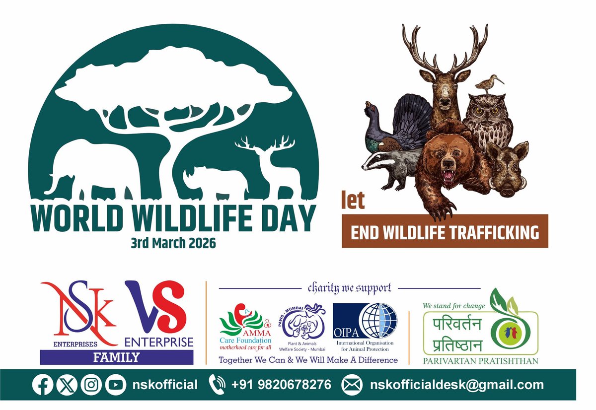 ACFIndiaOrg's tweet photo. 03 March 2026 Tuesday 
--
Happy World Wildlife Day
--
Team Sunish &amp; Nisha Subramanian Kunju 
Team OIPA,  ACF &amp; PAWS-Mumbai 
Team NSK Enterprises 
Team Parivartan Pratishthan
--
#NishaKunju #SunishKunju #OIPA #ACF #PAWSMumbai 
--
@sunishskunju @nishaskunju @OIPAInternation https://t.co/Tz2pf6TWGd