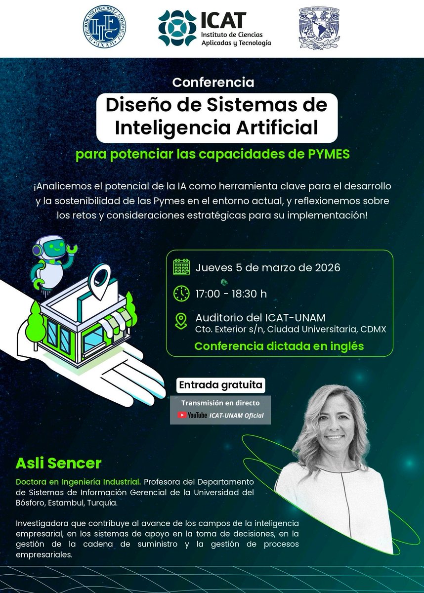 ICATUNAM's tweet photo. #NoTeLaPierdas

#Conferencia: “Diseño de Sistemas de #InteligenciaArtificial para potenciar las capacidades de #PYMES”

📅5 mar. 🕔 17 h
📍Auditorio ICAT
➡️Se impartirá en inglés 
🎟️#EntradaLibre
🎥Transmisión en directo> https://t.co/ZXedwVIuOi

#UNAM #ICATUNAM @Economicas_UNAM https://t.co/7cL9pCPGSf