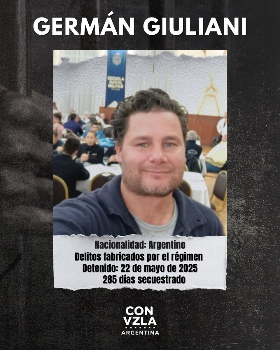 ‼️🇻🇪 Más de 10 meses alejado de su familia 🇦🇷

Exigimos la inmediata liberación de Germán Giuliani, abogado argentino 🇦🇷 secuestrado por el régimen criminal de Delcy Rodríguez.

Basta de usar ciudadanos extranjeros como ficha de canje.

¡LIBERTAD PARA TODOS YA!

#QueSeanTodos