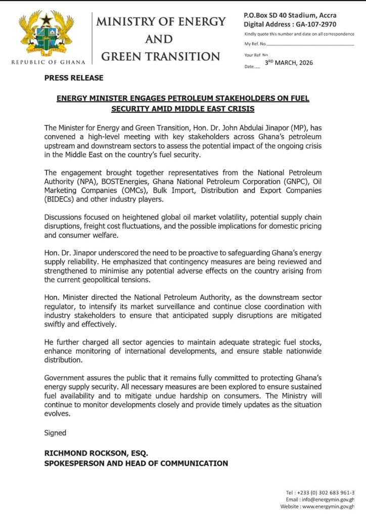 Government assures the public that it remains fully committed to protecting Ghana's energy supply security.