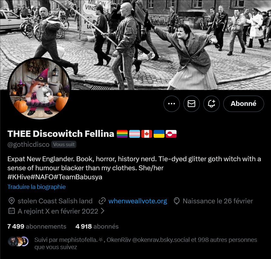 Fellas, <a href="/gothicdisco/">THEE Discowitch Fellina 🏳️‍🌈🏳️‍⚧️🇨🇦🇺🇸🇺🇦</a> needs 82 followers to pass 5K. Can we help her?

Thank you 🫡💙💛

#WeAreNAFO
#NAFOExpansionIsNonNegotiable