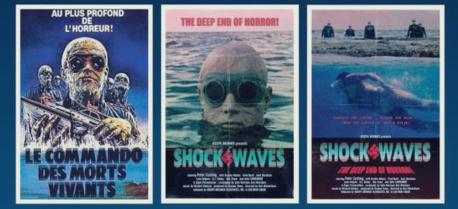 ClassicHBOGuide's tweet image. The Movie Channel March 1982 - the low budget horror: SHOCK WAVES - newspaper ad, @TVGuide ad, page from Delirium Magazine article, alternate posters #1970s #horror #cult