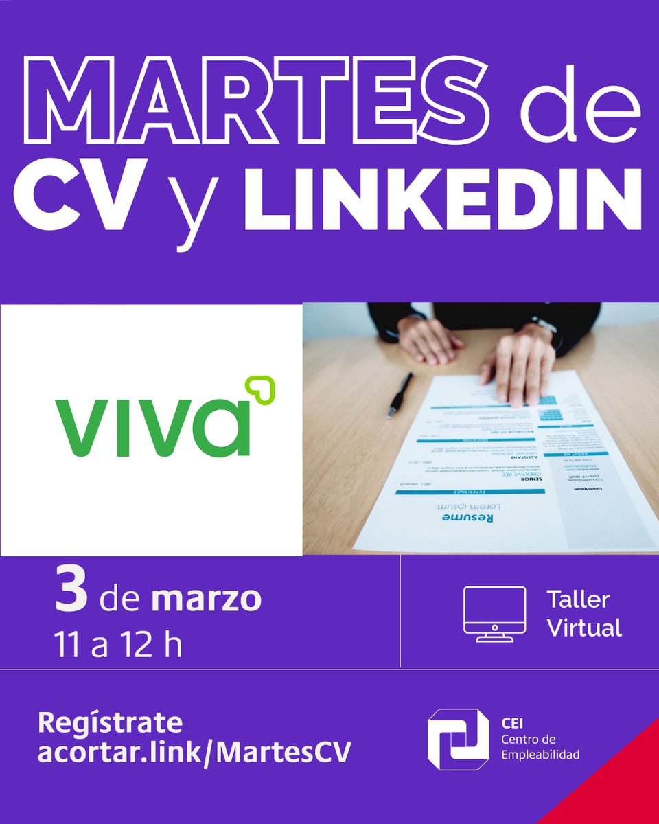 ✈️✨ ¡Únete ahora al taller de CV y LinkedIn con Viva Aerobus! 

🗓 Martes 3 de marzo
⏰ 11:00 a 12:00 h
🔗 Regístrate: acortar.link/MARTESCV

Es tu oportunidad para recibir tips directo de quienes toman decisiones de contratación. 🚀

#curriculum #CV #LinkedIn #MartesCVIbero
