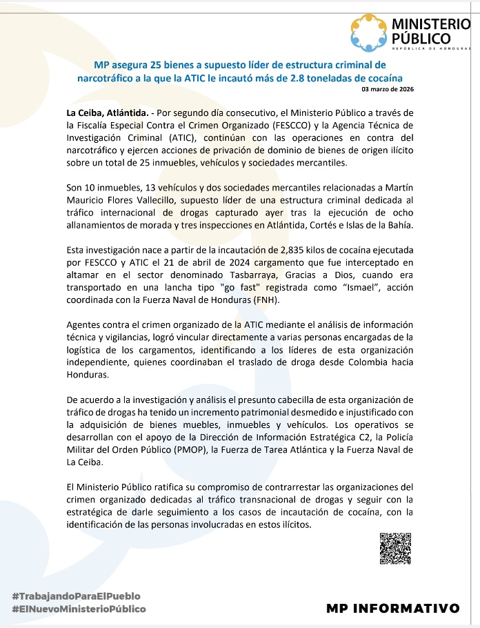 MP_Honduras's tweet image. #MP asegura 25 bienes a supuesto líder de estructura criminal de narcotráfico a la que la #ATIC le incautó más de 2.8 toneladas de cocaína mp.hn/publicaciones/…