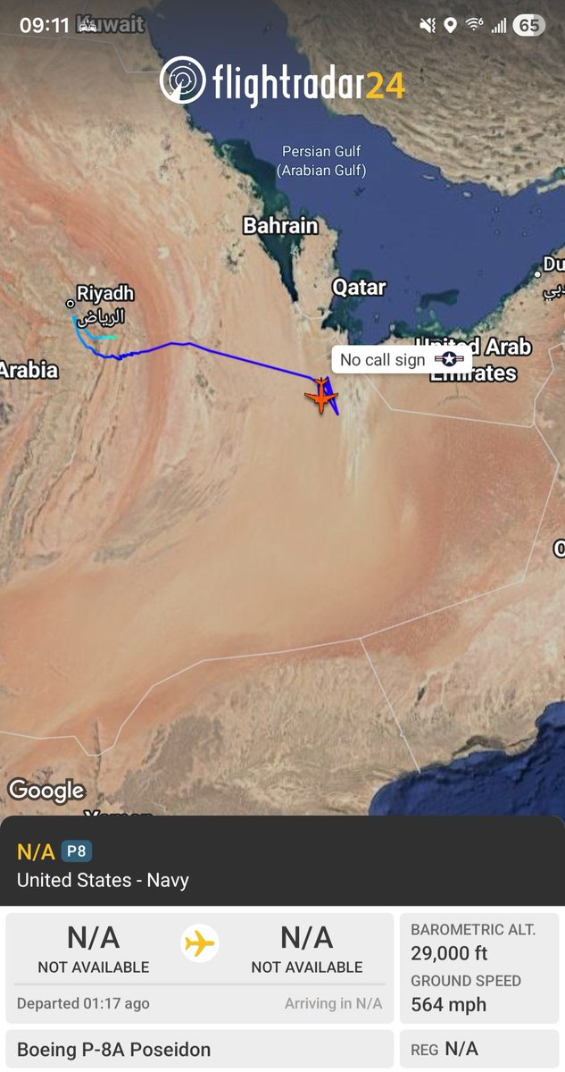 Borrowed7Time's tweet photo. US Navy P-8A Poseidon #AE6794 out of Prince Sultan AB, operating S of Qatar.
@sipjack1776 @LadyAstroJet https://t.co/0lhpuvyxOr