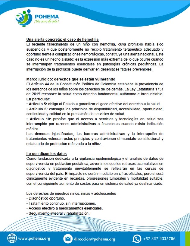 POHEMA's tweet photo. 🚨La supervivencia infantil en Colombia no puede retroceder: alertamos sobre un riesgo: las demoras en autorizaciones, la interrupción de tratamientos y la falta oportuna de medicamentos están poniendo en peligro la vida de niños y adolescentes con cáncer y enfermedades crónicas https://t.co/wG7fNzKC2Y