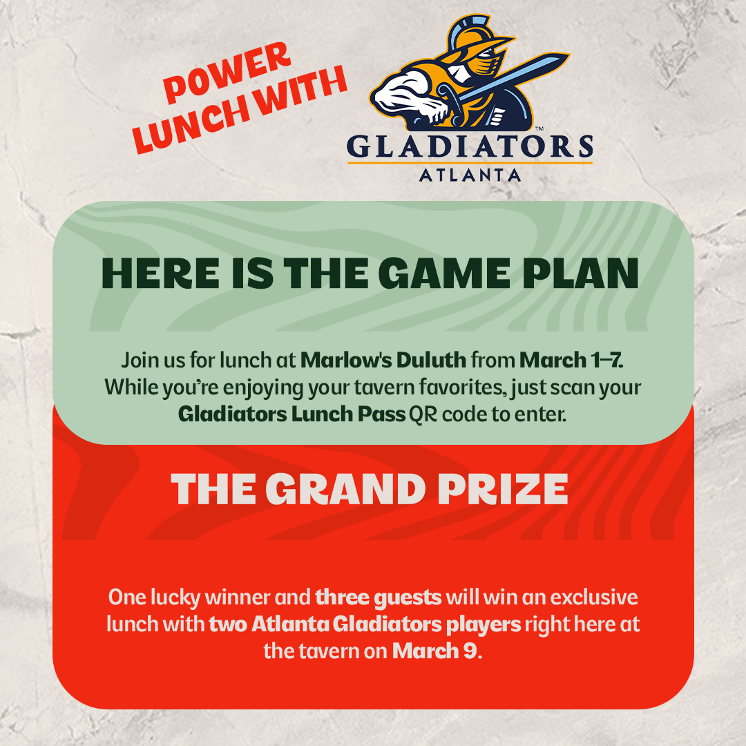 MarlowsTavern's tweet photo. This week, through March 7th, join us for lunch at our Duluth tavern, scan the QR code on your check presenter, and you’ll be entered to win an exclusive lunch with two Gladiators players on March 9.

One winner + three guests.
Dine. Scan. Enter. https://t.co/D8K0QGTUFD