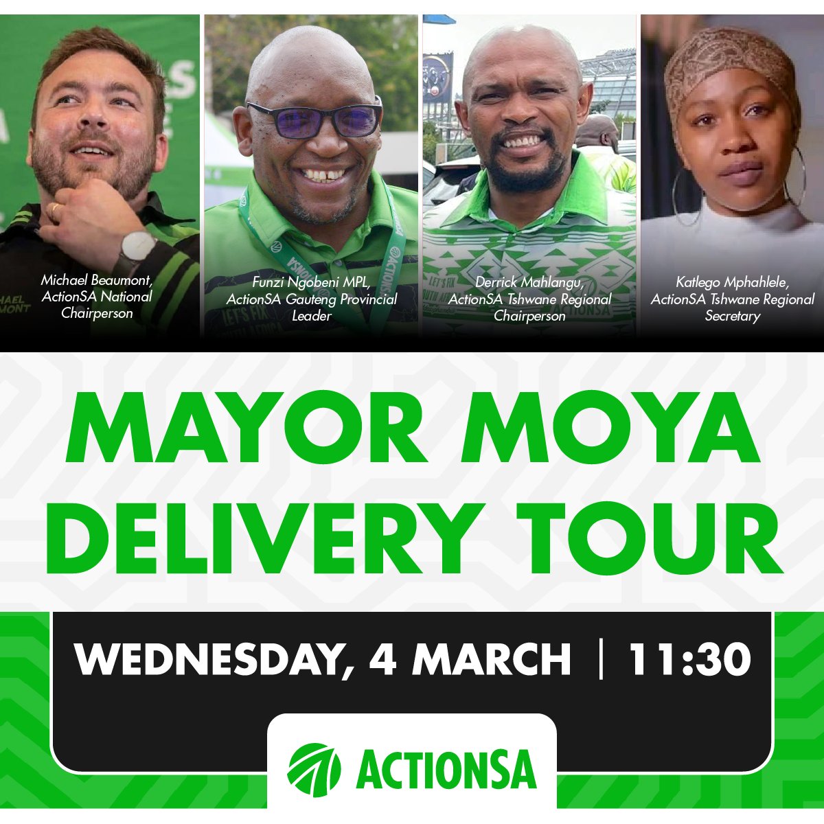 <a href="/Action4SA/">ActionSA</a> National Chair Michael Beaumont alongside <a href="/ActionSA_GP/">ActionSA Gauteng</a> Provincial Chair Funzi Ngobeni &amp; @TshwaneActionSA Regional Leaders will tomorrow officially launch the Mayor Moya Delivery Tour at 11h30. Taking accountability &amp; delivering where it matters most. 

#MoyaTourLaunch