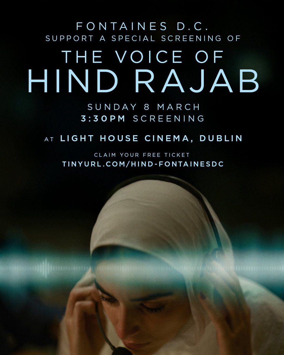 We are proud to support a special screening of The Voice of Hind Rajab at Light House Cinema in Dublin. 

Register for a free ticket at the link below.

tinyurl.com/HIND-FONTAINES…