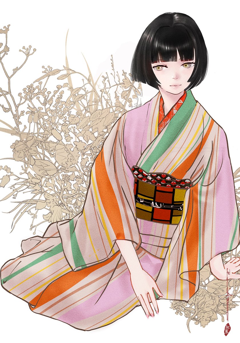 春待ちの野辺、和装の女性

#着物 #イラスト