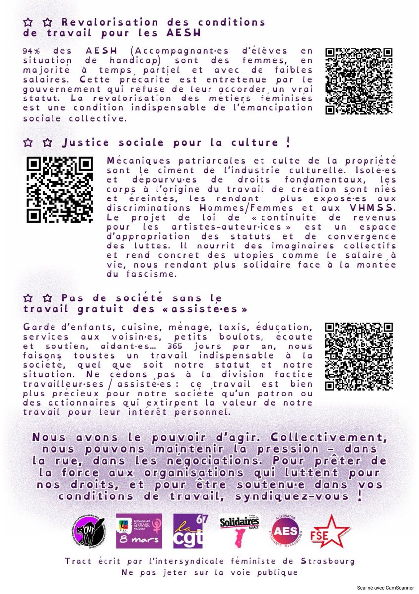 #8mars #Strasbourg
Journée internationale des luttes des femmes ✊️💜
L'appel de l'intersyndicale féministe CGT - CNT - FSU - Solidaires - AES - FSE

🚩 Départ 16h place de la Gare