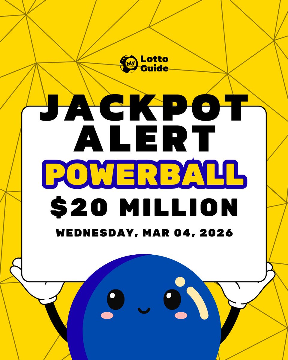 guide_lotto's tweet image. 🚨🎟️ JACKPOT ALERT – POWERBALL

💰 $20 MILLION
📅 Wednesday, Mar 04, 2026
It only takes one ticket to change everything 👀✨

#LotteryNews #JackpotWatch #WinningNumbers #LotteryUpdate #DreamBigWinBig #TicketTime